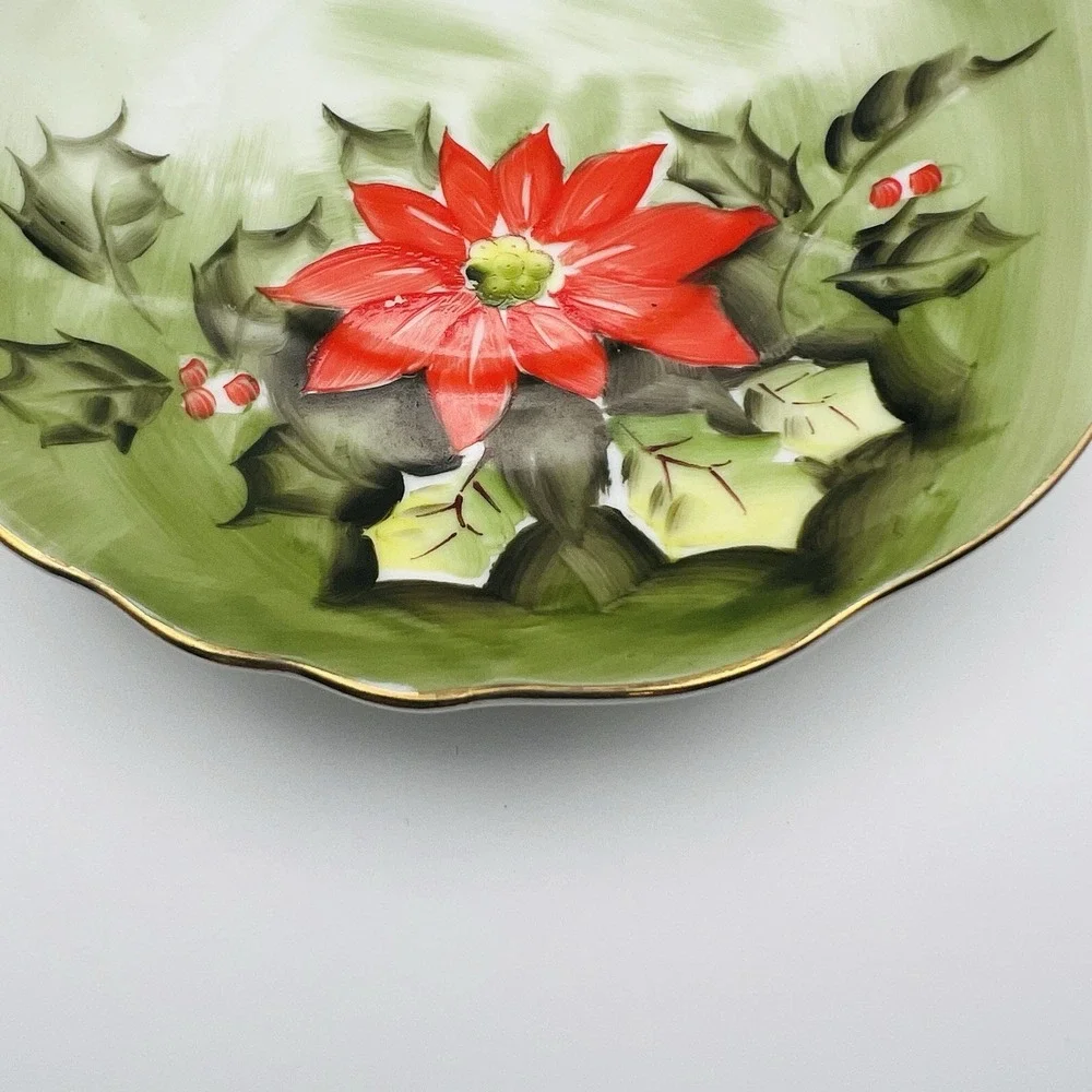 Lefton China Poinsettia Teacup Saucer Hand Painted Holiday Christmas Green Gold